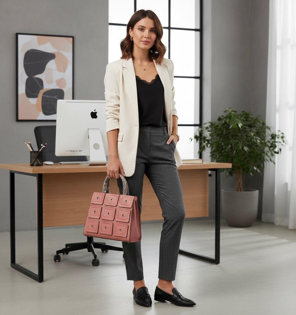Minimalist Geometric Satchel – Τσάντα Χειρός με Ανάγλυφο Σχέδιο & Metal Eyelets
